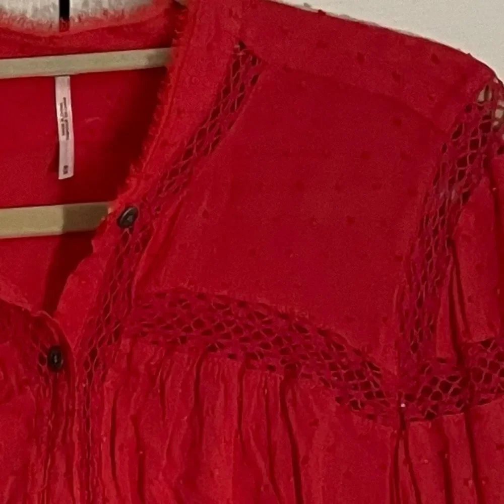Free People Red Swiss Dot Embroidered Crotchet Trim Blouse Size Medium